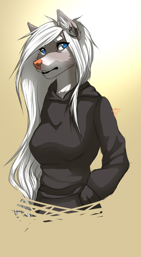 alternative_fashion blue_eyes breasts clothed clothing ear_piercing emo female gradient_background hair hoodie piercing scene_haircut simple_background solo topwear white_hair nut-bar nina_(nut-bar) canid canine canis mammal wolf