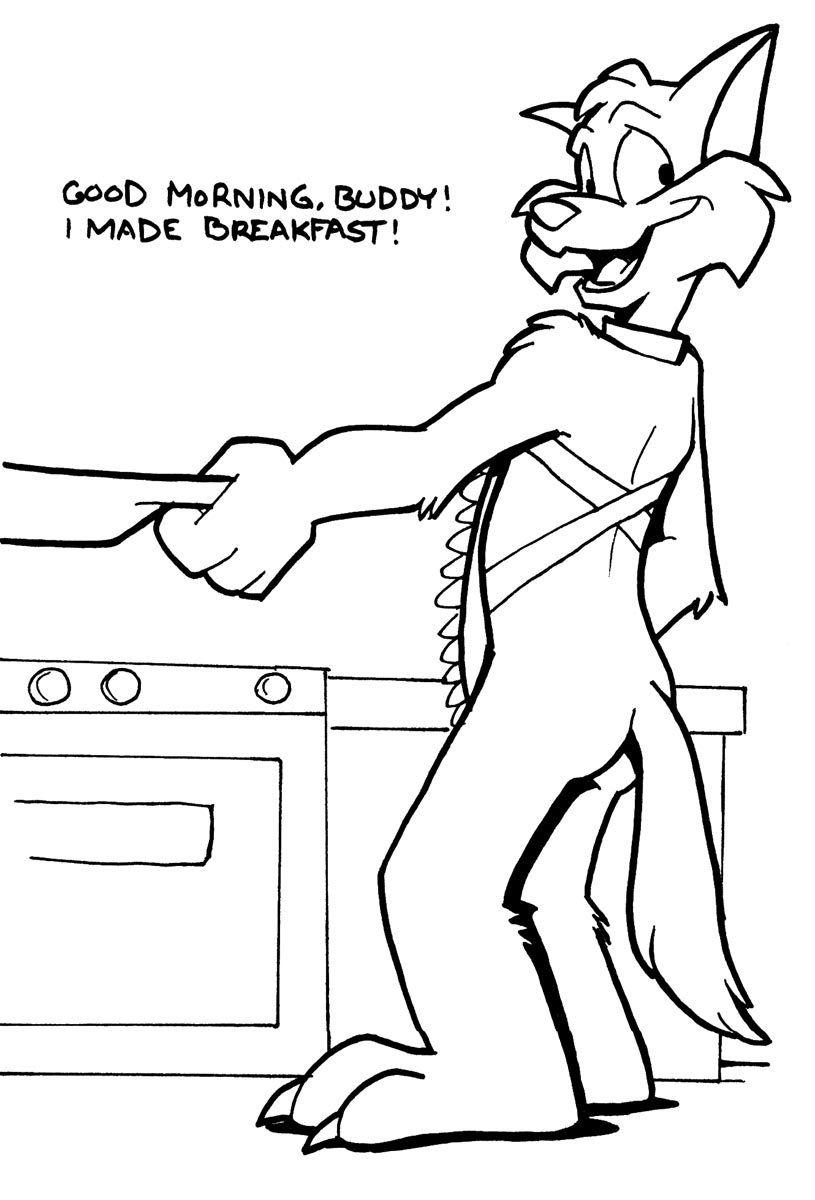 apron back_focus breakfast butt clothing cooking dialogue nude solo text cirruskitfox hanna-barbera swat_kats jake_clawson domestic_cat felid feline felis mammal black_and_white english_text hi_res monochrome