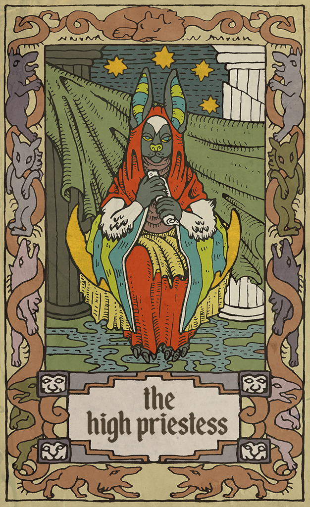 big_ears blue_eyes card card_template claws clothed clothing female fortune_telling fur green_nose looking_at_viewer major_arcana membrane_(anatomy) membranous_wings night outside pillar robe scroll sitting sky tarot tarot_card text the_high_priestess_(tarot) water wings musorok thursday_(thursday2u) bat mammal english_text