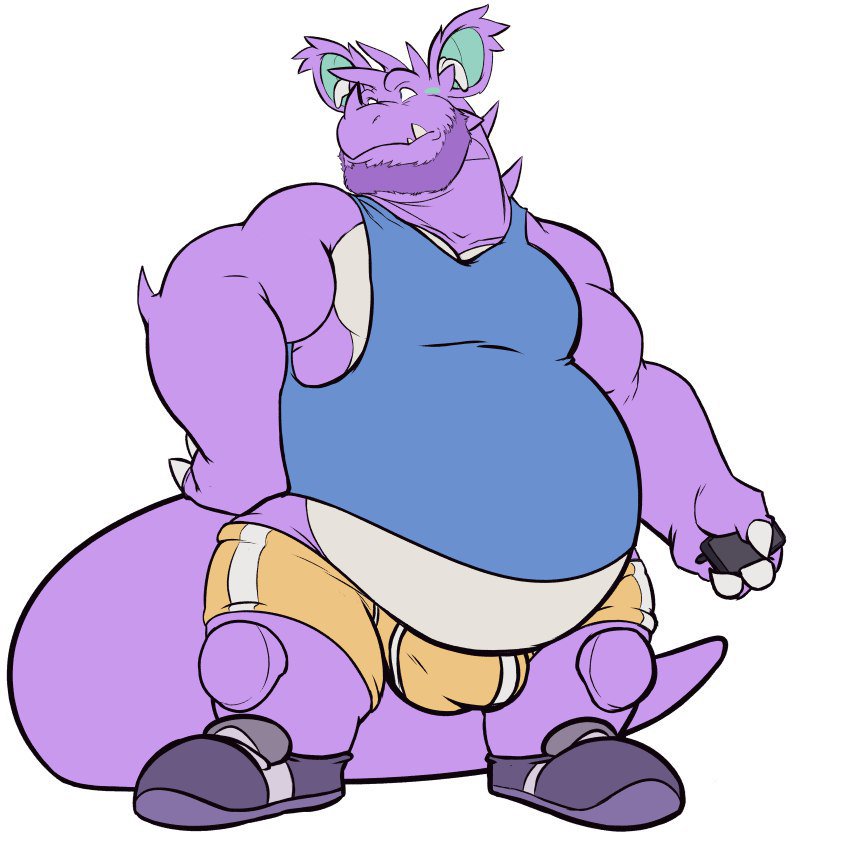 anthro beard belly_peeking_out biped bottomwear bulge cellphone clothing detailed_bulge electronics facial_hair footwear hair hotpants male male_anthro muscle_shirt muscular muscular_male phone purple_body purple_hair purple_scales scales shoes shorts sneakers solo chibsarts nintendo pokemon nidochi generation_1_pokemon nidoking pokemon_(species)