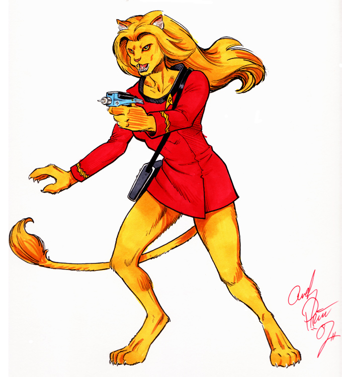 anthro blonde_hair clothed clothing female hair phaser solo tail tricorder uniform yellow_eyes andy_price star_trek star_trek_the_animated_series m'ress alien caitian domestic_cat felid feline felis mammal