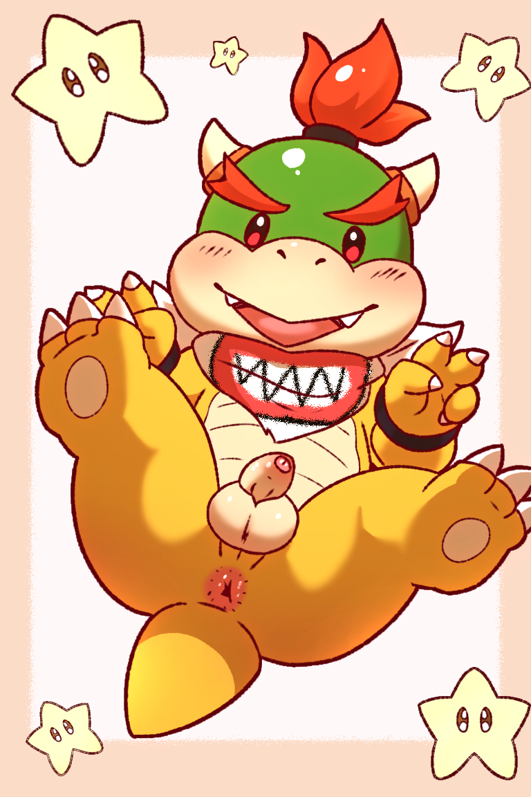 anthro anus balls blush butt erection feet foreskin genitals gesture hair hand_gesture horn looking_at_viewer male nude open_mouth penis simple_background smile solo spikes tail teeth v_sign young young_anthro bundefault mario_bros nintendo bowser_jr. koopa scalie digital_media_(artwork)