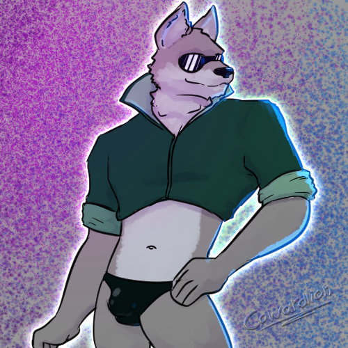 anthro bulge clothing eyewear male midriff rim_light simple_background solo sunglasses thong underwear cowardlion canid canine canis mammal wolf 1:1 low_res