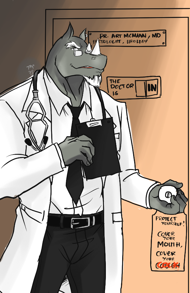 5_fingers abs anthro beard belt biceps biped bottomwear clipboard clothed clothing coat doctor door dress_shirt ear_piercing english_honorific eyebrows eyewear facial_hair fingers fully_clothed glasses grey_body grey_eyes grey_skin holding_clipboard holding_object honorific horn hospital lab_coat looking_at_viewer male medical_instrument muscular muscular_anthro muscular_male necktie overwritten pants piercing pince-nez scientific_instrument shirt sign smile solo standing stethoscope text topwear hentist hazardbarzard arty_mcmann mammal rhinoceros 2013 colored_sketch english_text portrait sketch three-quarter_portrait