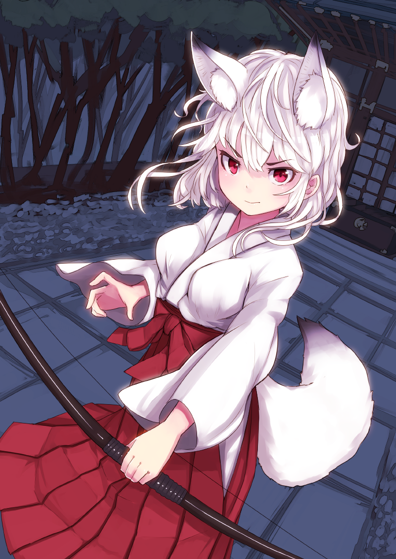 >:| asian_clothing bent_arm bow_(weapon) breasts clothing east_asian_clothing extended_arm female grey_hair hair holding_bow_(weapon) holding_object holding_ranged_weapon holding_weapon human_and_animal_ears japanese_clothing looking_at_viewer multi_ear ranged_weapon red_eyes short_hair solo standing tail weapon nosuku animal_humanoid canid canid_humanoid humanoid mammal mammal_humanoid