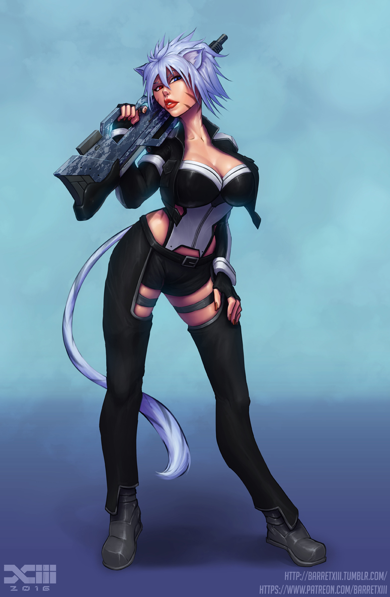 assault_rifle big_breasts blue_eyes blue_hair breasts cleavage clothed clothing curvy_figure facial_markings female gun hair hand_on_leg hand_on_own_leg hand_on_own_thigh hand_on_thigh head_markings heterochromia holding_assault_rifle holding_gun holding_object holding_ranged_weapon holding_rifle holding_weapon lipstick makeup markings pose ranged_weapon red_eyes red_lipstick rifle short_hair skimpy solo striped_face stripes text tight_clothing voluptuous weapon barretxiii animal_humanoid cat_humanoid felid felid_humanoid feline feline_humanoid humanoid mammal mammal_humanoid hi_res url