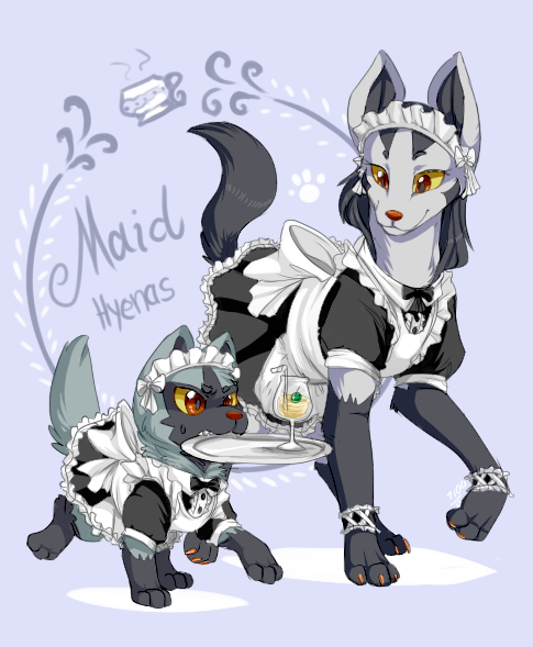 ambiguous_gender beverage clothing duo feral food maid_uniform red_eyes uniform young young_feral tiaamaito nintendo pokemon generation_3_pokemon mammal mightyena pokemon_(species) poochyena