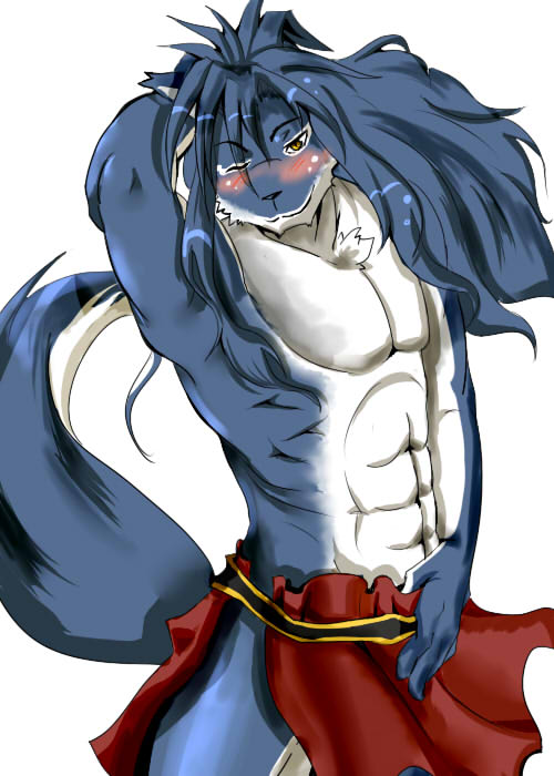 abs anthro belt biceps big_muscles biped black_nose blue_body blue_fur blue_hair blush chest_tuft clothed clothing countershading flexing fur grin hair hands_behind_head looking_at_viewer male muscular muscular_anthro muscular_male pecs pose simple_background smile solo standing topless tuft white_background yellow_eyes unknown_artist sega shining_(sega) shining_force shining_force_exa duga_(shining) canid canine canis mammal sourou_cerulean_wolf wolf