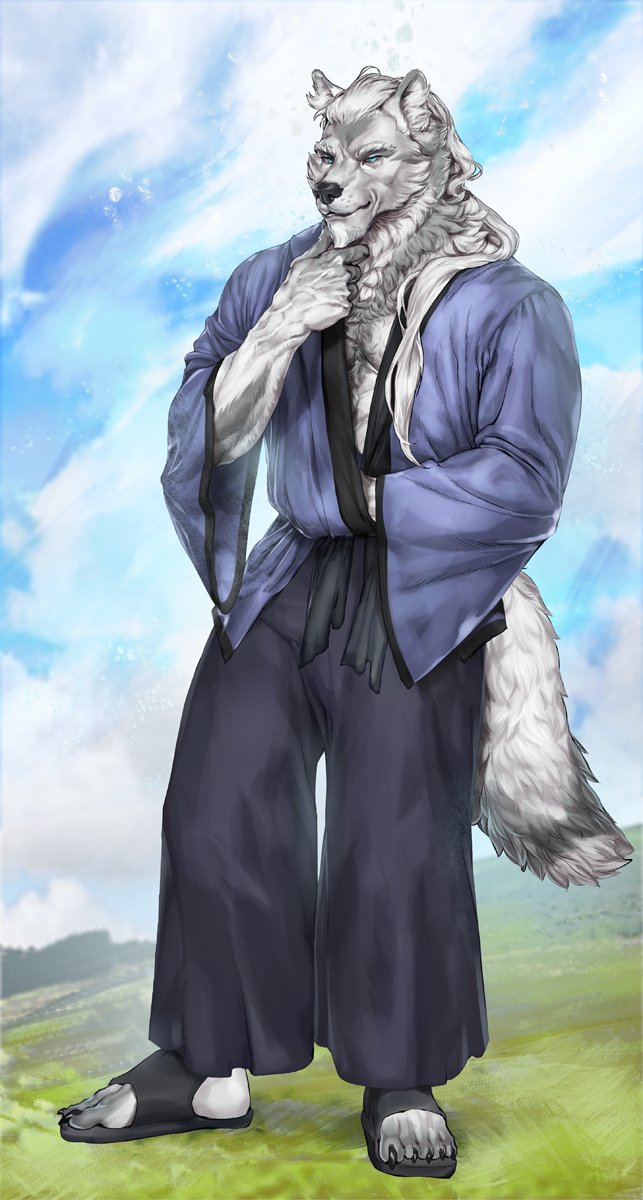 5_toes anthro asian_clothing biped blue_eyes clothing cloud east_asian_clothing feet flip_flops footwear fur grey_body grey_fur hair hand_on_chin japanese_clothing kimono looking_at_viewer male mature_male outside paws plantigrade sandals shoes sky solo toes veiny_arms white_body white_fur white_hair thebigslick canid canine canis mammal wolf 2021 hi_res