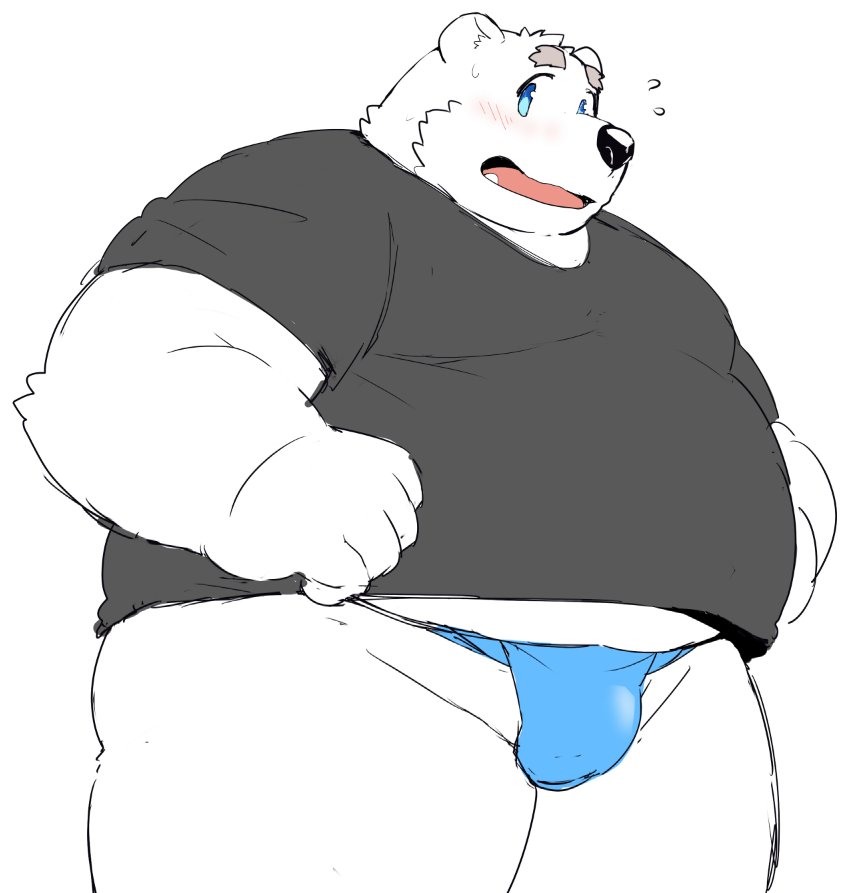 anthro asian_clothing belly blush bulge clothing east_asian_clothing fundoshi fur humanoid_hands japanese_clothing male overweight overweight_anthro overweight_male shirt simple_background solo topwear underwear white_background white_body white_fur 12beat13 utau shirane_kan bear mammal polar_bear ursine 2018