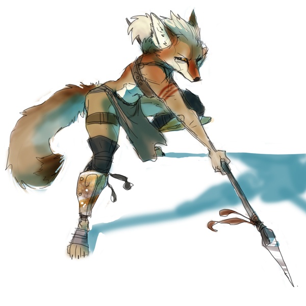 action_pose anthro bottomwear clothing female fur loincloth melee_weapon polearm pose shadow simple_background solo spear tribal weapon white_background reaganlodge canid canine canis coyote mammal 1:1 2006 2007