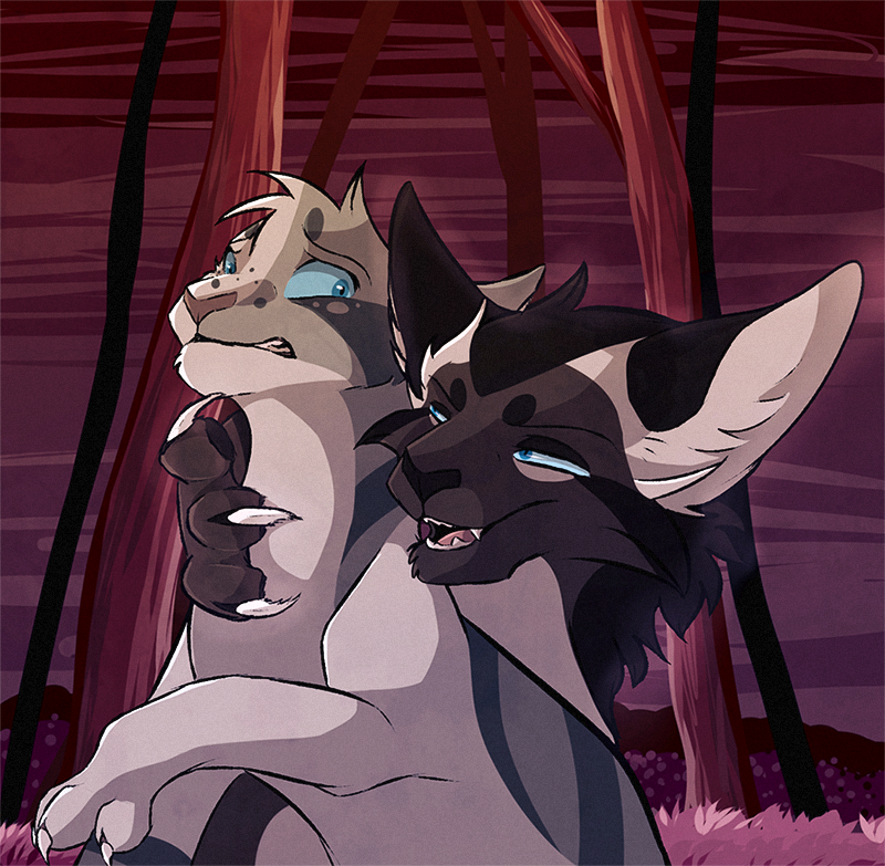 ambiguous_gender blue_eyes brown_body brown_fur claws dark_forest_(warriors) duo feet feral forest fur grass grey_body grey_fur markings open_mouth open_smile outside paws plant scared sharp_teeth sky smile teeth tree white_body white_fur theunknownsoul warriors_(book_series) hawkfrost_(warriors) ivypool_(warriors) classic_tabby domestic_cat felid feline felis mammal tabby_cat 2017 red_theme redraw shaded female_(lore) male_(lore)