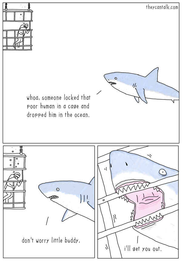 ambiguous_gender anthro border cage feral humor open_mouth scuba_diver scuba_gear sharp_teeth teeth text the_truth white_border jimmy_craig theycantalk fish human mammal marine shark comic english_text