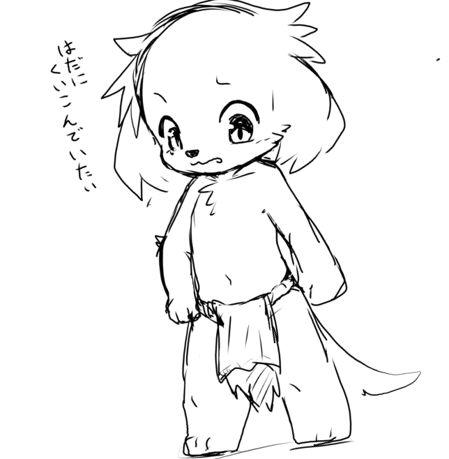 3_toes anthro barefoot bottomwear clothed clothing feet loincloth looking_down male navel solo tail text toes topless underwear underwear_only young young_anthro young_male onwanwa tamo_(onwanwa) canid canine canis domestic_dog mammal 2025 japanese_description japanese_text monochrome translation_request