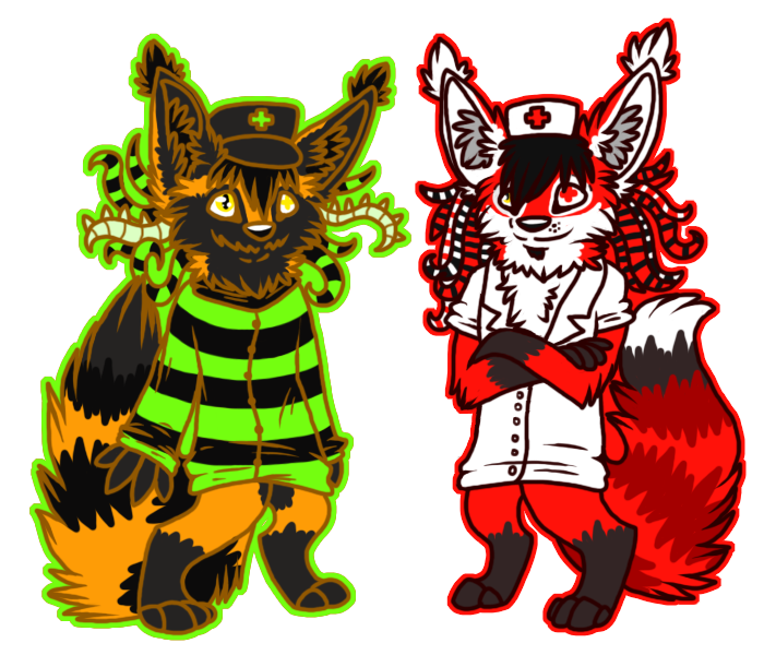 anthro beard black_hair black_nose clothed clothing cross digitigrade duo ear_tuft facial_hair fur hair headgear headwear male nurse nurse_clothing nurse_headwear orange_body orange_fur red_body red_ears red_fur simple_background smile topwear transparent_background tuft unknown_artist lapfox_trax negaren renard_queenston canid canine fox mammal alpha_channel