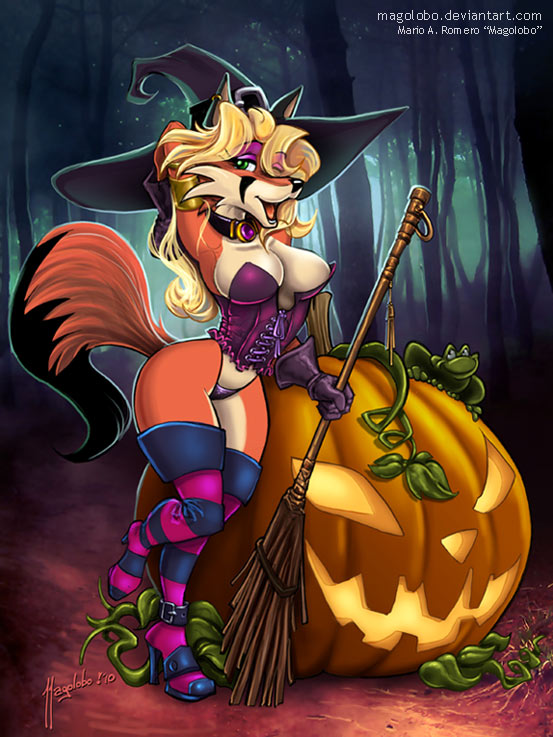 alternative_fashion anthro biped blonde_hair boots breasts broom cleaning_tool clothed clothing corset detailed_background female food footwear forest fruit gloves goth green_hair hair handwear hat headgear headwear high_heeled_boots high_heels holidays jack-o'-lantern legwear lingerie magic_user outside plant pumpkin shoes solo stockings text thigh_boots thigh_highs topwear tree witch witch_hat wood magolobo halloween angie_(magolobo) amphibian canid canine fox frog mammal 2010 digital_media_(artwork) url