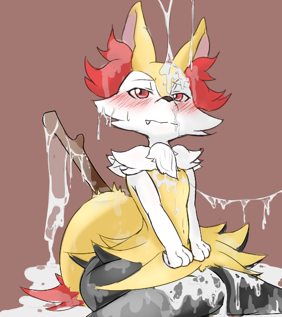 anthro biped blush bodily_fluids bukkake cum cum_from_offscreen cum_string cute_fangs fangs female genital_fluids half-closed_eyes looking_up narrowed_eyes navel red_eyes simple_background sitting solo stick teeth mitoganmo nintendo pokemon braixen generation_6_pokemon pokemon_(species)