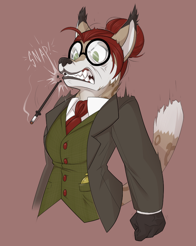 angry anthro cigarette cigarette_holder clock clothing cross-popping_vein dipstick_ears dipstick_tail ear_markings eyewear female glasses gloves green_eyes hair handwear markings multicolored_ears necktie pocketwatch red_hair sharp_teeth solo suit tail tail_markings teeth three_piece_suit watch blinkpen bridgette_o'shane felid feline lynx mammal 2018