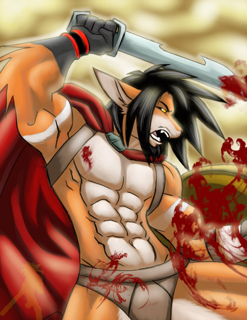 action_pose anthro battle blood blood_on_clothing bodily_fluids cape clothed clothing holding_melee_weapon holding_object holding_sword holding_weapon kopis male melee_weapon pose shield skimpy solo spartan_armor_(roman) sword warrior weapon faint 300_(film) skech_(character) spartan_(roman) canid canine fox mammal