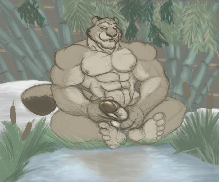 abs anthro ball_fondling balls bamboo bamboo_tree cattail_(plant) erection feet fondling genitals glans grass male masturbation muscular muscular_anthro muscular_arms muscular_male nipples nude pecs penis plant pond solo tree palladinthug cougar felid feline mammal 2011