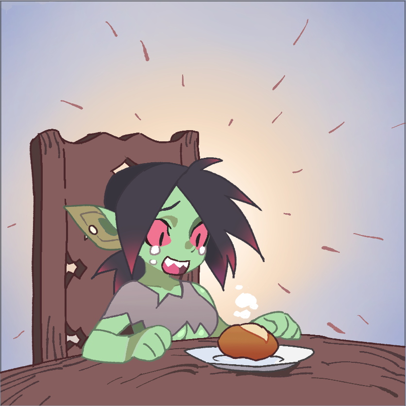 baked_potato black_hair bodily_fluids breasts chair clothed clothing crying ear_piercing female food furniture green_body green_skin hair highlights_(coloring) humanoid_pointy_ears not_furry open_mouth piercing plant plate pointy_ears potato pupils red_highlights sharp_teeth sitting slit_pupils smile solo table tears tears_of_joy teeth tongue topwear torn_clothing vegetable kooni gobbo_(kooni) goblin humanoid mammal 1:1 digital_media_(artwork)