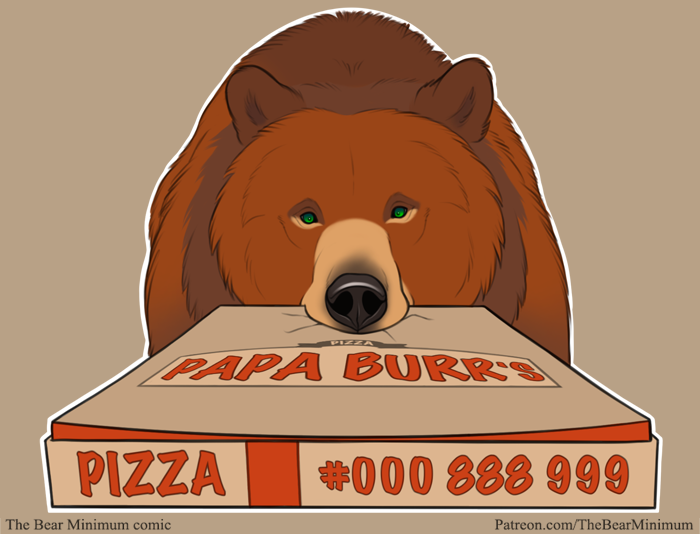 ambiguous_gender black_nose brown_body brown_fur container feral fur green_eyes looking_at_viewer multicolored_body multicolored_fur object_in_mouth pizza_box small_eyes solo tan_body tan_fur text bearhybrid bear brown_bear grizzly_bear mammal ursine 2022 english_text url