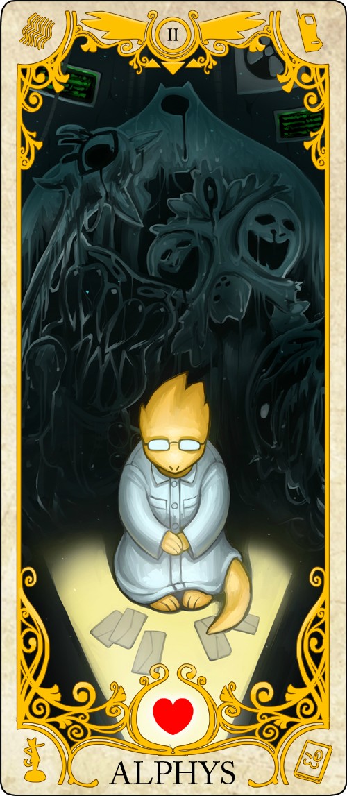 anthro art_nouveau box_fan brick_phone card card_template cellphone clothing coat electric_fan electronics eyewear fortune_telling glasses goo-connected_lips group lab_coat laboratory letters major_arcana monitor phone roman_numeral tarot tarot_card the_high_priestess_(tarot) topwear dogbomber undertale undertale_(series) alphys endogeny lemon_bread memoryhead reaper_bird snowdrake's_mother watching_man amalgamate lizard reptile scalie 2015 alternate_version_at_source