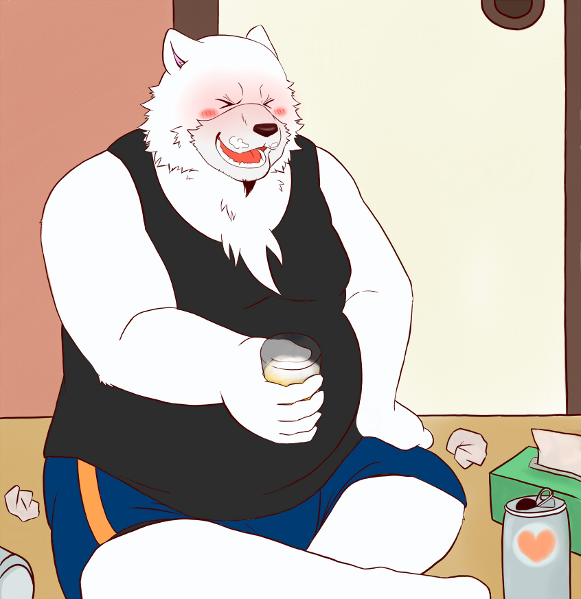 anthro belly bottomwear clothing eyes_closed fur kemono male overweight overweight_anthro overweight_male shirt shorts sitting solo tank_top topwear white_body white_fur kuma_(pixiv_881259) kumadasi bear mammal polar_bear ursine 2009