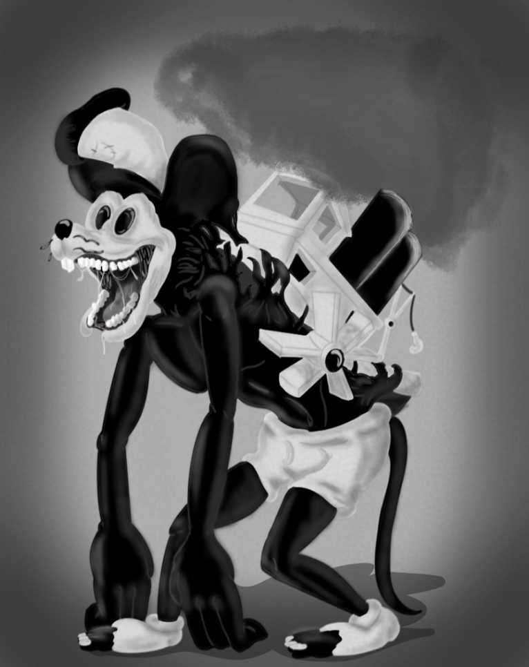 anthro big_hands black_body black_eyes boat bodily_fluids bottomwear clothing creepy creepy_face creepy_smile hat headgear headwear male melting pants saliva scary shirtless simple_background smile smoke snout solo split_jaw steamboat tail teeth tongue torn_shoes vehicle watercraft whiskers crazy_8_animations disney steamboat_willie mickey_mouse mammal monster mouse murid murine rodent black_and_white monochrome shaded simple_shading