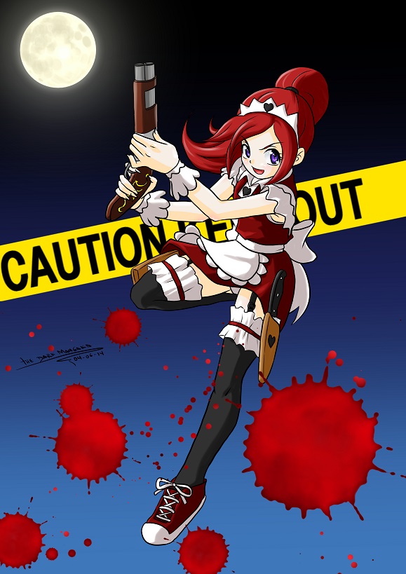 action_pose barricade_tape blood bodily_fluids caution_tape clothing female footwear gun hair heart_symbol human_only knife legwear maid_uniform moon not_furry panties panty_shot ponytail pose purple_eyes ranged_weapon red_hair russia shoes shotgun smile sneakers solo stockings thigh_highs underwear uniform weapon the_dark_mangaka sasha_dracov human mammal 2014 grandfathered_content