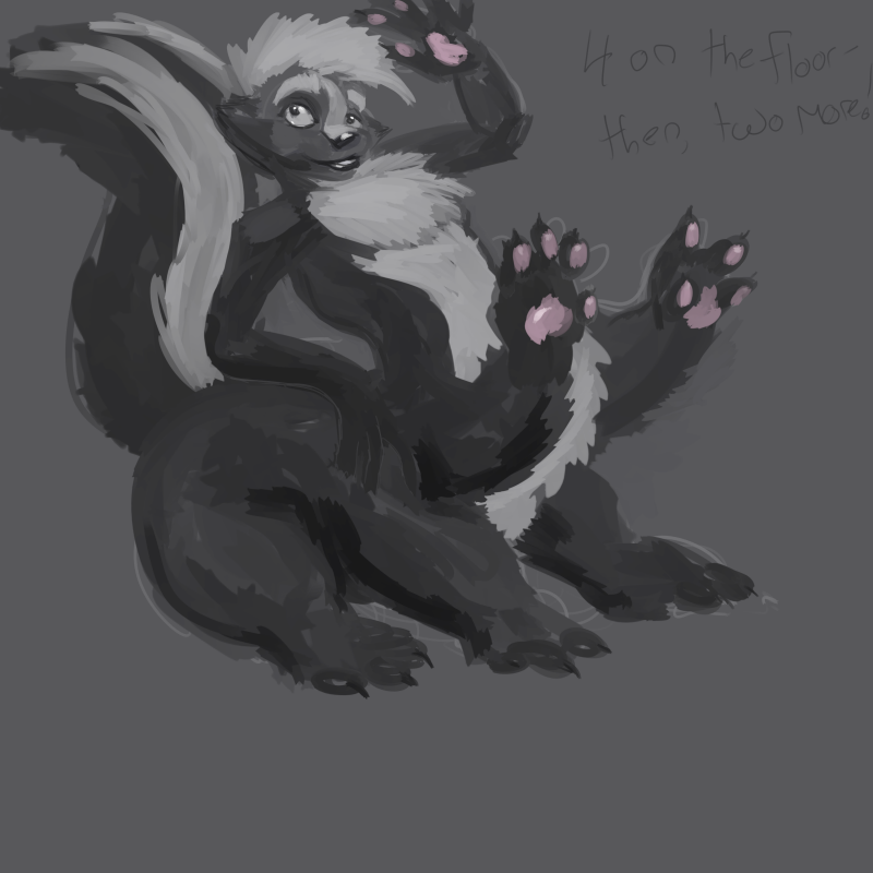 black_nose fur grey_background hair hexapod male multi_leg multi_limb nude pawpads paws simple_background solo text uniformvixen hextaur long_taur mammal mammal_taur mephitid mephitid_taur skunk skunk_taur taur 1:1