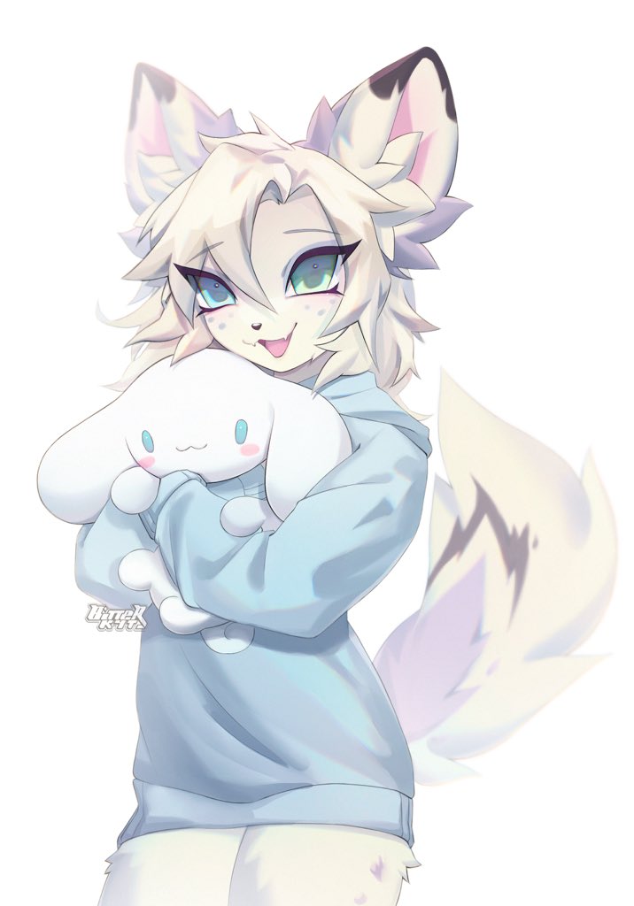 anthro black_body black_fur blue_clothing blue_eyes blue_topwear clothed clothing dipstick_ears ear_markings female fur hair holding_object holding_plushie inner_ear_fluff kemono multicolored_ears plushie simple_background solo topwear tuft white_background white_body white_fur white_hair bitterk4t mammal 2023 digital_drawing_(artwork) digital_media_(artwork) portrait three-quarter_portrait