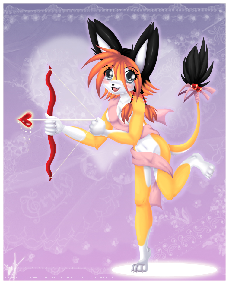 anthro arrow_(weapon) border bow_(weapon) convenient_censorship female heart_symbol holding_object holding_weapon nude ranged_weapon ribbons solo tail tail_tuft tuft weapon white_border luna777 taratsu_(character) felid mammal moondog censored