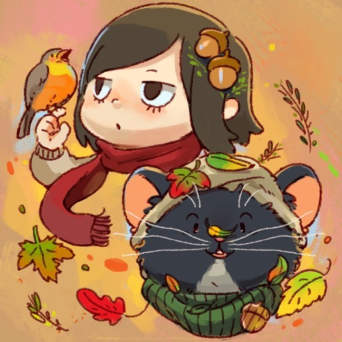 anthro autumn biped black_body clothed clothing duo leaf open_mouth pink_nose scarf simple_background white_body you_miichi nairi_(series) nairi_(character) rex_(nairi) avian bird human mammal murid murine rat rodent 1:1 2019 low_res