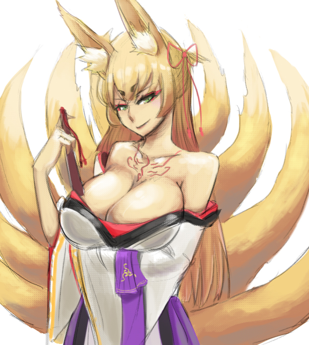 big_breasts blonde_hair breasts cleavage clothed clothing female green_eyes hair lips looking_at_viewer monster_girl_(genre) multi_tail smile solo tail wizard898 monster_girl_quest tamamo animal_humanoid canid canid_humanoid canine canine_humanoid fox fox_humanoid humanoid mammal mammal_humanoid