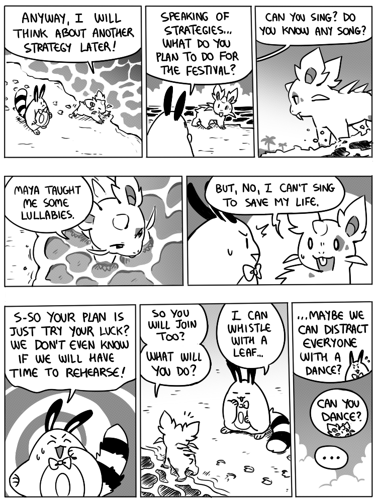 8_panel_comic ambiguous_gender anterior_nasal_aperture anthro biped black_eyes black_text bodily_fluids bow_ribbon cloud day dialogue duo ellipsis exclamation_point eyebrows eyes_closed feral fluffy fluffy_tail footprint high-angle_view horn looking_at_another mouth_closed open_mouth open_smile outside palm_tree paws plant quadruped question_mark sand sea sky smile speech_bubble standing sweat sweatdrop tail talking_to_another teeth text tree water white_sclera flavia-elric nintendo pokemon pokemon_mystery_dungeon spike_chunsoft rayne_(yapc) terry_(yapc) generation_1_pokemon generation_2_pokemon nidoran nidoran♀ pokemon_(species) sentret 2022 3:4 black_and_white comic digital_media_(artwork) english_text monochrome