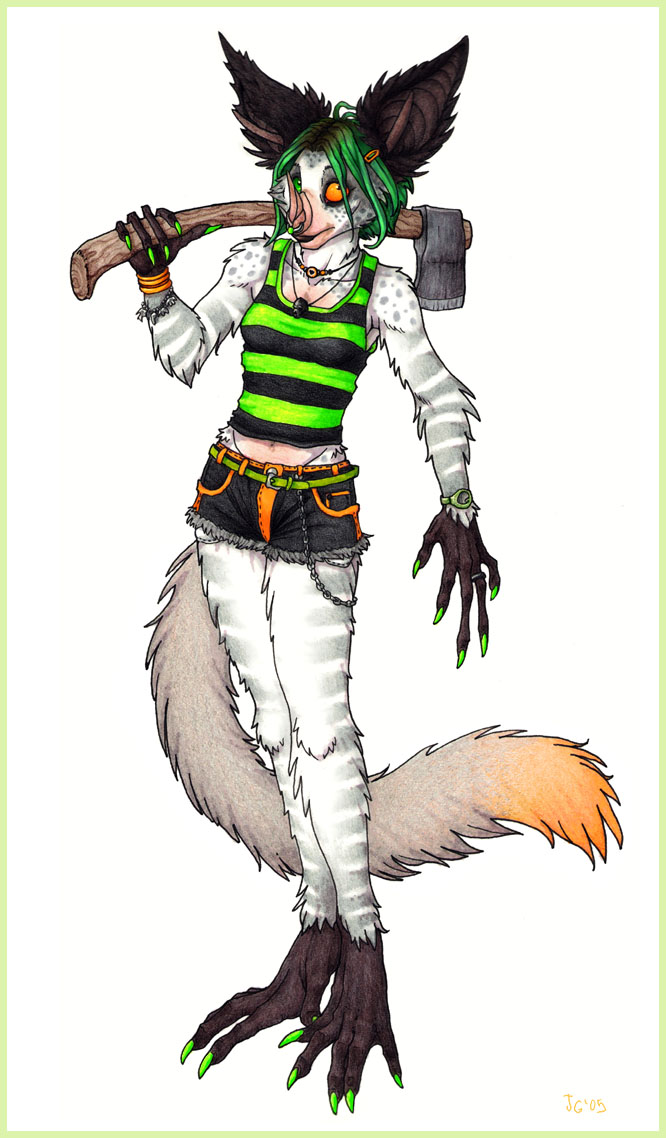 anthro axe female glamfur green_eyes green_hair hair heterochromia holding_object holding_weapon melee_weapon orange_eyes simple_background solo tail weapon white_background psychodjinn fred aye-aye bat hybrid lemur mammal primate strepsirrhine