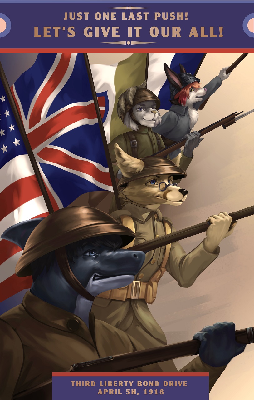 adrian_helmet american_flag anthro backpack bayonet black_hair black_nose blue_eyes brown_body brown_fur chest_tuft clothed clothing exclamation_point eyebrows eyewear feathers french_flag fur glasses gradient_background grey_body grey_fur grey_nose group gun hair hat headgear headwear italian_flag kingdom_of_italy knife male military military_cap military_clothing military_pants military_uniform patriotism pink_nose politics purple_eyes ranged_weapon rifle simple_background tan_body tan_fur text tuft uniform union_jack united_states_of_america weapon white_body white_fur world_war_1 yellow_eyes thepimpartist canid canine domestic_cat felid feline felis fennec_fox fish fox lynx mammal marine shark true_fox 2018 english_text hi_res traditional_media_(artwork)