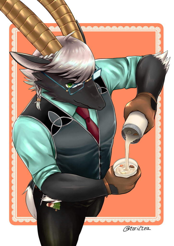 anthro black_body black_fur braided_hair clothing eyewear food fur glasses gloves hair handwear horn male necktie solo stew suit thermos topwear vest white_hair tori2tea lifewonders tokyo_afterschool_summoners tanngrisnir_(tas) bovid caprine goat mammal 2018