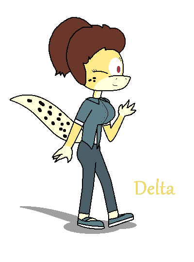 anthro bottomwear brown_hair claws clothing collared_shirt female footwear freckles hair markings pants ponytail purple_eyes shirt shoes solo spots spotted_markings spotted_tail tail tail_markings topwear undershirt yellow_body yellow_skin joviankenpo delta_macapaar_(joviankenpo) eublepharid gecko leopard_gecko lizard reptile scalie