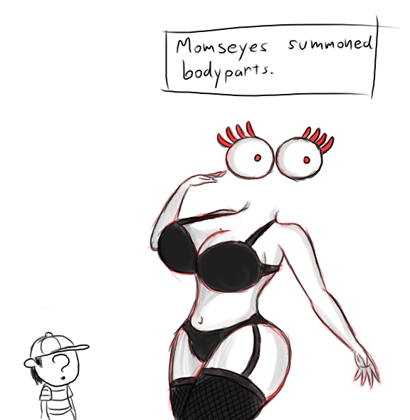 bra breasts cleavage clothed clothing disembodied_eyes duo female hat headgear headwear legwear male not_furry question_mark red_eyes simple_background skimpy stockings text underwear white_background timoteihiv earthbound_(series) nintendo momseyes ninten human mammal english_text