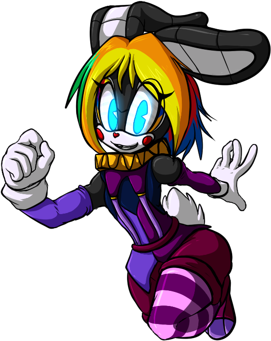 anthro blue_eyes clothed clothing clown clown_paint female glowing glowing_eyes hair jester machine running solo little-gray-bunny snowyowlkonnen sega sonic_the_hedgehog_(series) fan_character android lagomorph leporid mammal rabbit robot