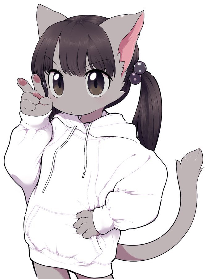 anthro clothed clothing female gesture hand_gesture handpaw hoodie kemono noseless oversized_clothing oversized_hoodie oversized_topwear paws pigtails simple_background solo tail topwear v_sign white_background white_clothing white_hoodie white_topwear young young_anthro young_female 3yo4yo5yo hiraragi_akane domestic_cat felid feline felis mammal colored portrait three-quarter_portrait