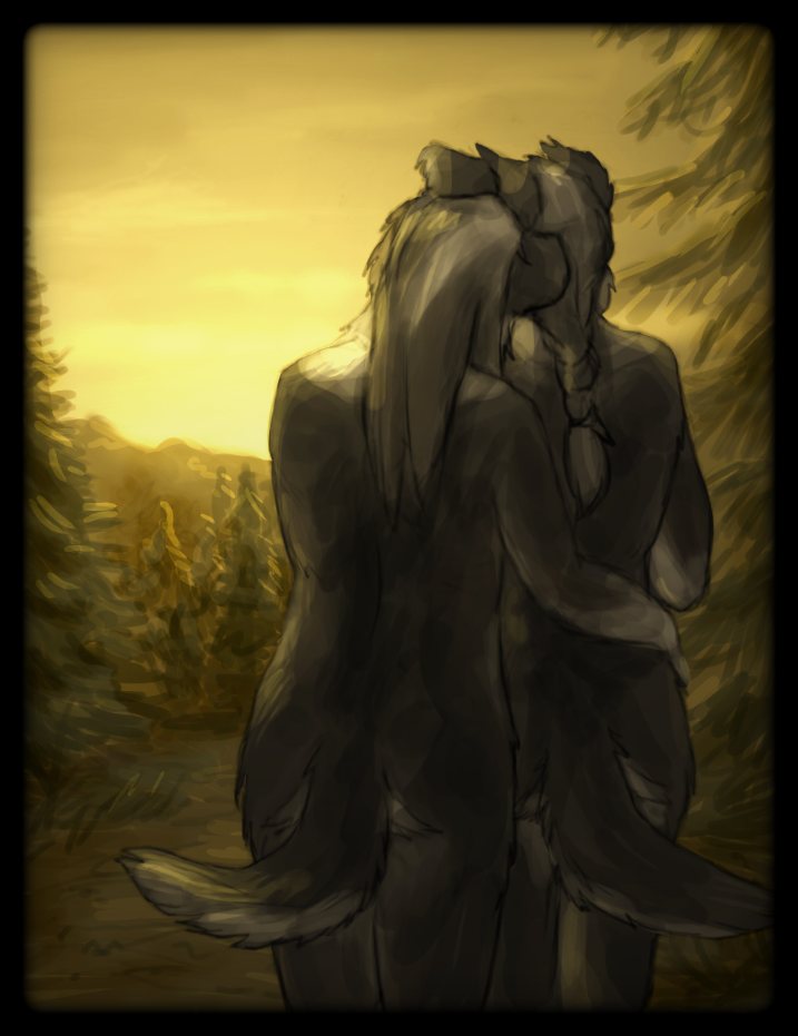 anthro black_border border braided_hair butt duo female grey_hair hair nude outside plant tree elfantastico canid canine canis domestic_dog mammal