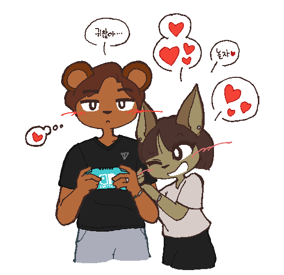 anthro clothed clothing duo electronics female game_console heart_symbol male male/female simple_background speech_bubble text transparent_background pipepo nintendo nintendo_switch cha_hieun kim_soohyun bear canid canine canis domestic_dog mammal aliasing alpha_channel digital_media_(artwork) korean_text translated