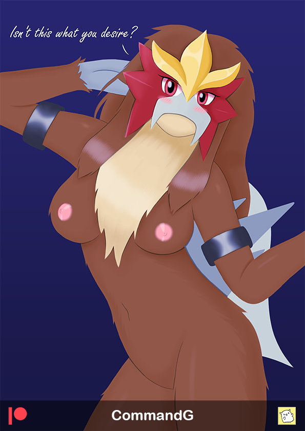 anthro blush breasts female fur hair nipples nude simple_background solo text commandg nintendo pokemon entei generation_2_pokemon legendary_pokemon pokemon_(species)