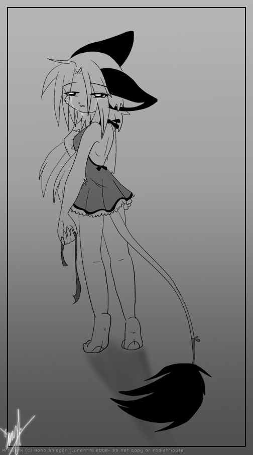 anthro barefoot bodily_fluids feet female pawpads ribbons sad solo tail tail_tuft tears toes tuft luna777 taratsu_(character) moondog greyscale monochrome