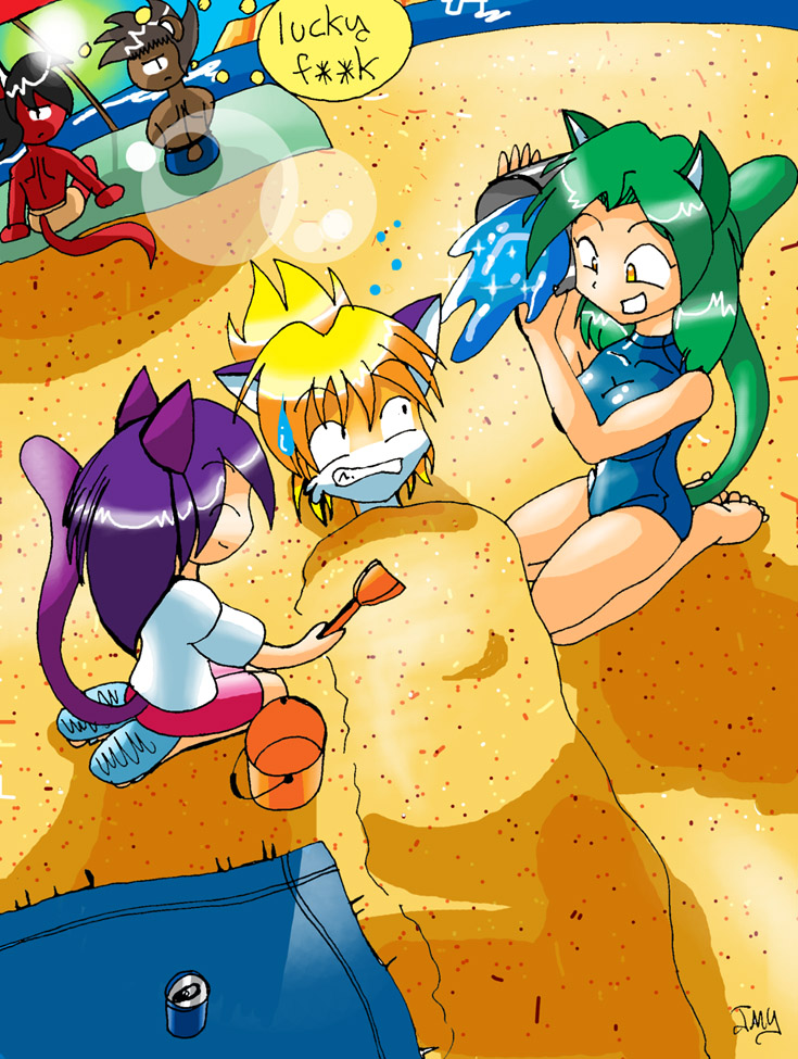 angry anime_eyes anime_style anthro barefoot beach black_hair bodily_fluids bound brown_body brown_skin bucket_of_water buried buried_in_sand censored_text clothing covered_in_sand feet female fur green_hair green_tail group hair happy male pale_skin partially_furry profanity purple_hair purple_tail red_body red_skin red_tail sand seaside sweat sweatdrop swimwear tail text thought_bubble white_body white_fur worried_look yellow_body yellow_fur jmynstyx animal_humanoid bear canid canid_humanoid canine canine_humanoid cat_humanoid demon felid felid_humanoid feline feline_humanoid fox_humanoid humanoid mammal mammal_humanoid ursid_humanoid censored watermark