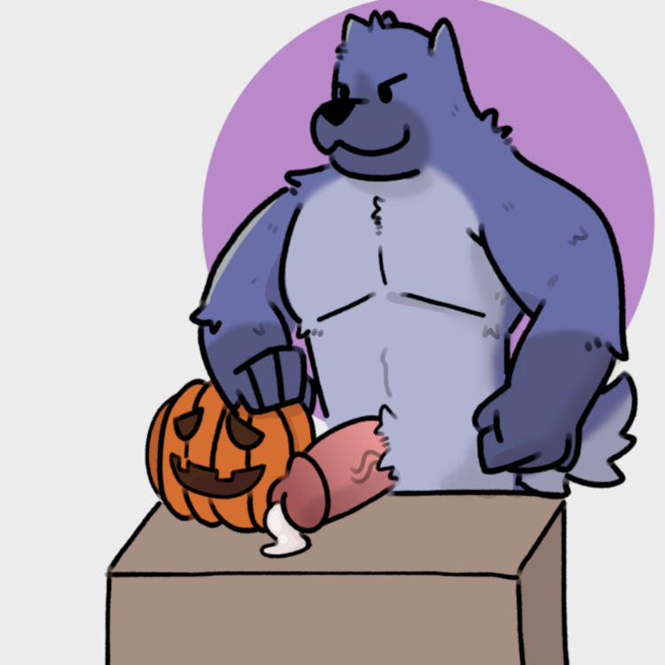 anthro black_nose bodily_fluids cum erection food fruit fur genital_fluids genitals humanoid_genitalia humanoid_penis jack-o'-lantern looking_at_viewer male muscular muscular_anthro muscular_male nude pecs penis plant pumpkin simple_background smile solo cottongryph canid canine canis domestic_dog mammal wolf 1:1 2019 digital_drawing_(artwork) digital_media_(artwork)