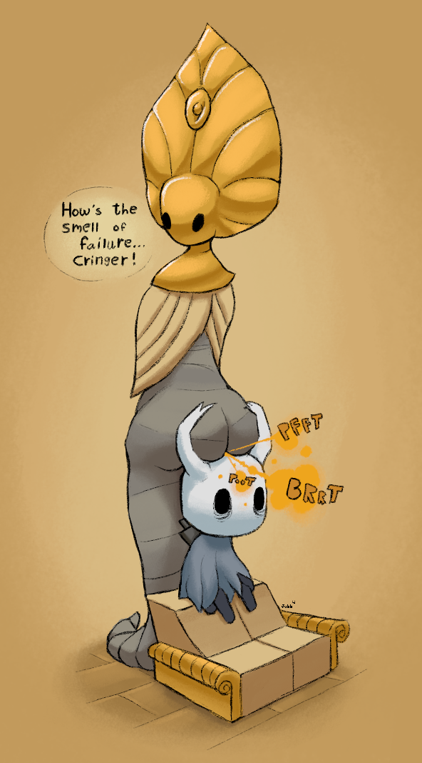 antennae_(anatomy) anthro big_butt butt dialogue dominant dominant_female duo fart female male male/female simple_background sitting sitting_on_another sitting_on_head speech_bubble tan_background text jubb hollow_knight team_cherry godseeker_(hollow_knight) the_knight_(hollow_knight) arthropod vessel_(species) 2020 digital_media_(artwork) english_text signature